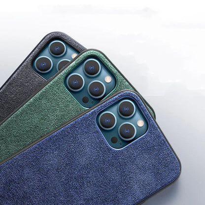 Suede full-cover iPhone case in dark blue, dark night green or elegant black colours