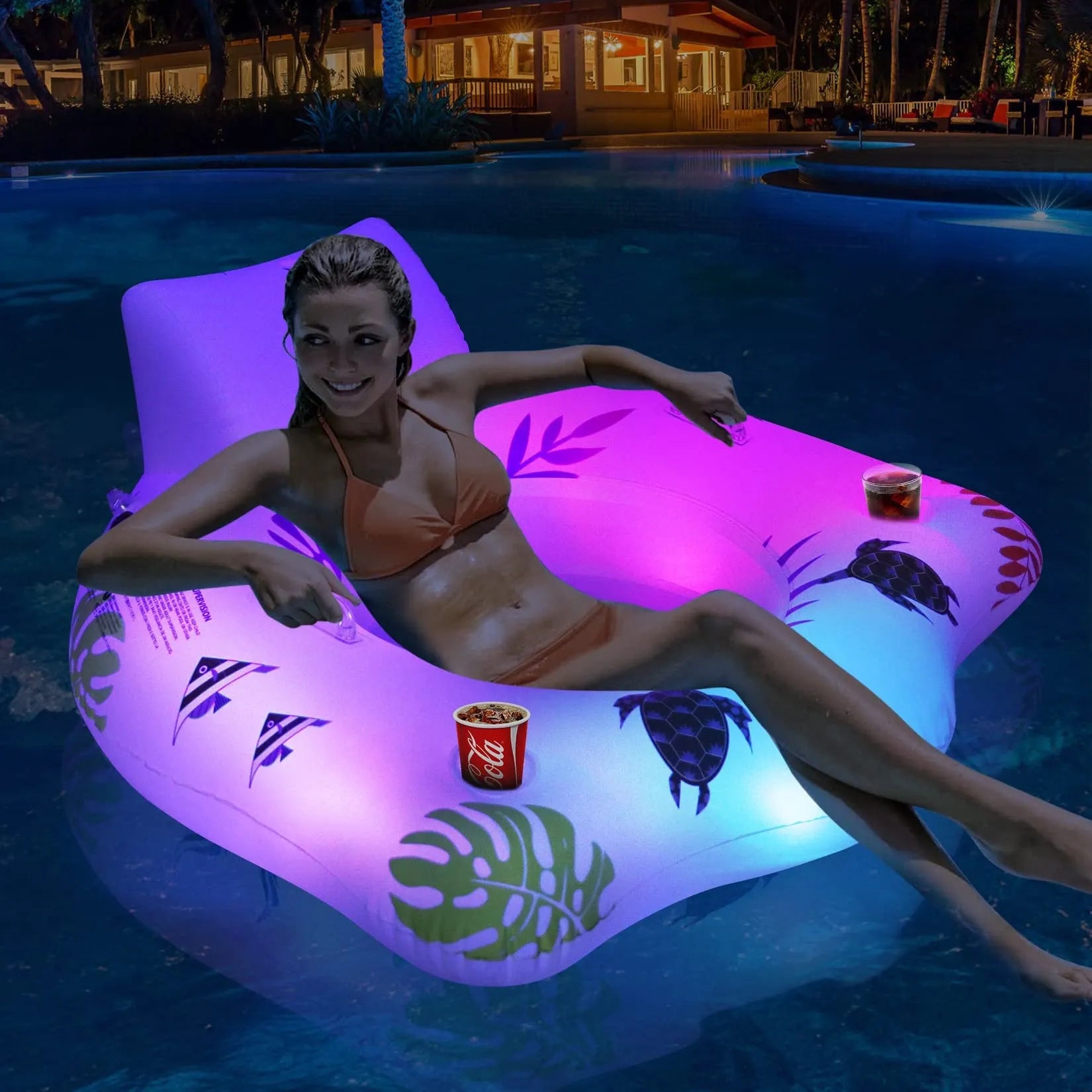 White U-shaped inflatable float with LED lights, dimensions 120x120cm, on water
