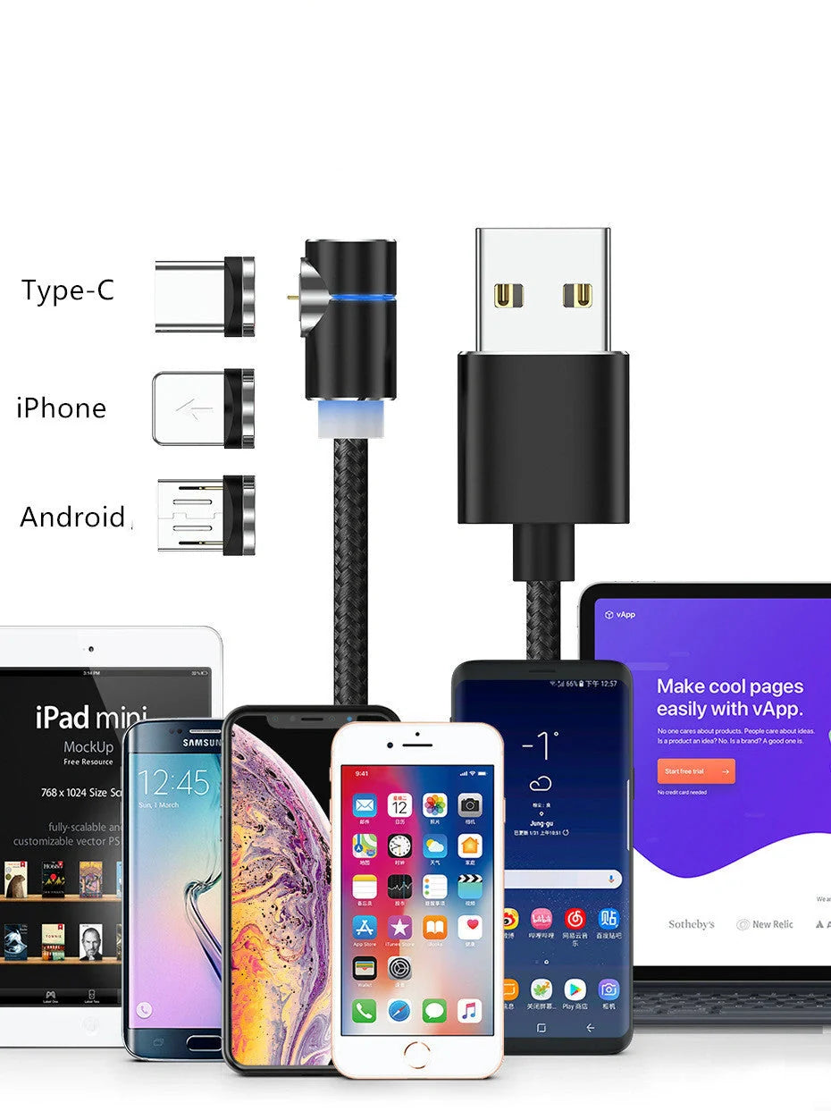 360 Degree Magnetic Charging Cable with LED light and 90-degree connector