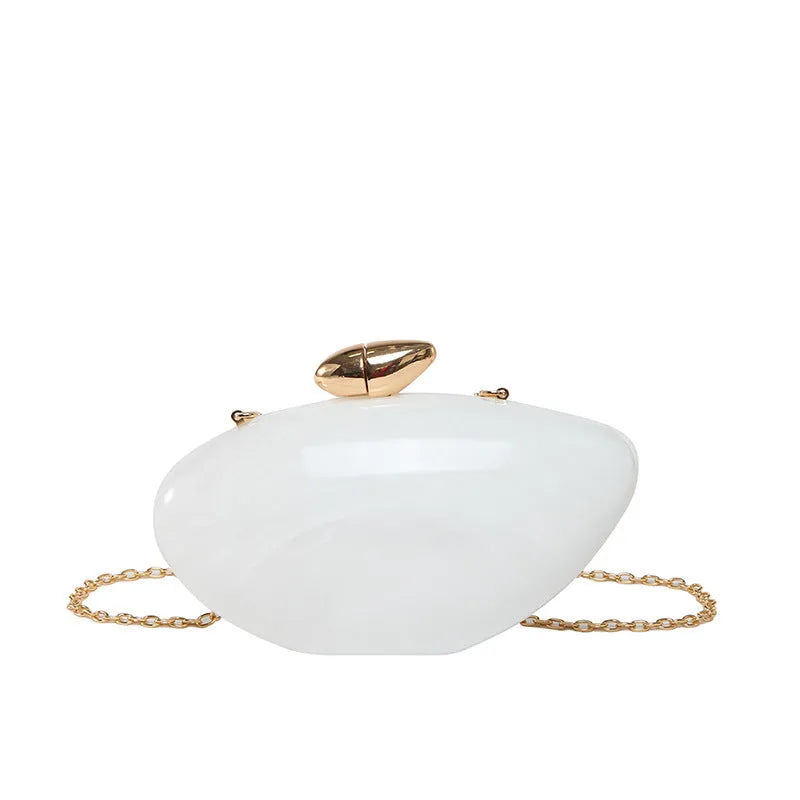 Oval shell goose egg acrylic evening bag with chain shoulder strap, hard outer and mobile phone bag section
