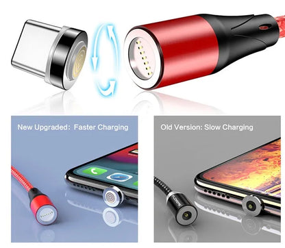 Black magnetic fast charge data cable with LED light and Type-C connector on a white background.