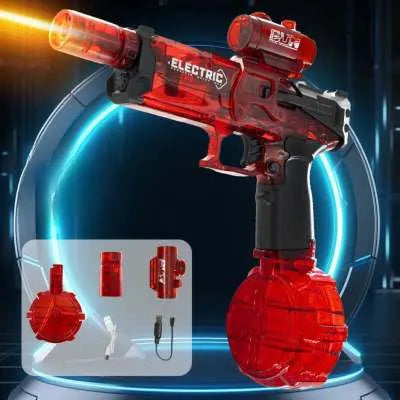 Black and blue electric water pistol toy with LED lights, shown with USB charging cable.