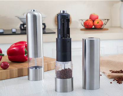 Silver stainless steel electric salt and pepper grinder with one-handed operation button