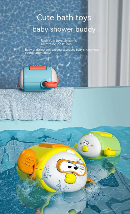 Children's wind-up bath toy measuring 8.2x9.4x5cm with chain attachments in blue pig design