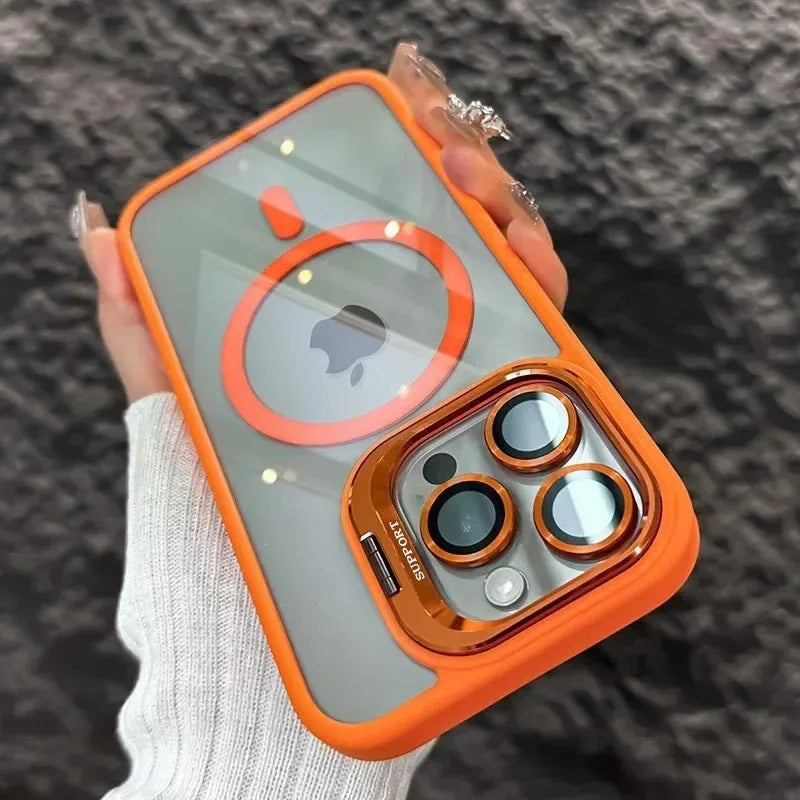 Transparent iPhone case with invisible bracket, CD pattern lens protector and hollow electroplated finish in black