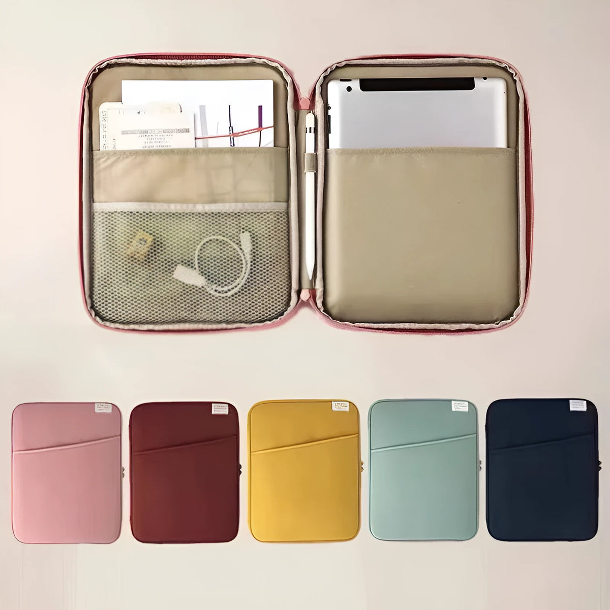 Shockproof nylon tablet clutch bag with zip flap, card slot, in brick red, ginger, mint green, navy blue or pink.