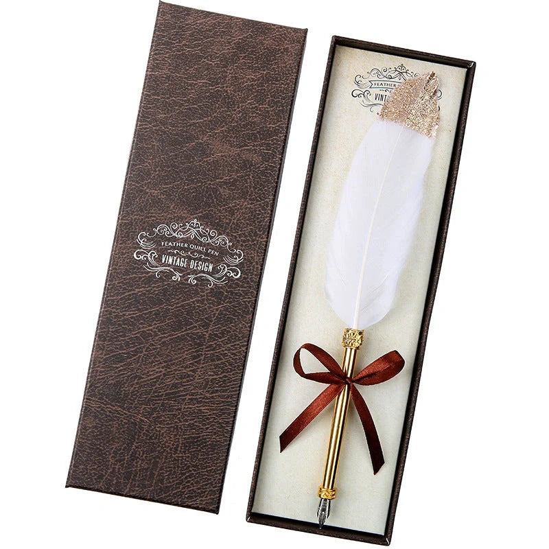 European Retro Feather Pen Gift Box with stainless steel shell and elegant feather design