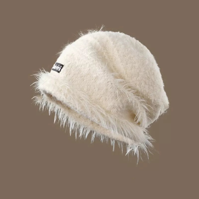 Korean-style plush knitted winter hat in mixed color stripes