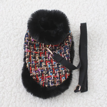 Classic style dog lead with cloth cloak, shown in beret, bow, and plain cloak options.