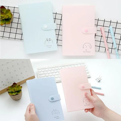 Blue PVC and PP business card holder book with a protective shell and smile logo, shown with business cards.