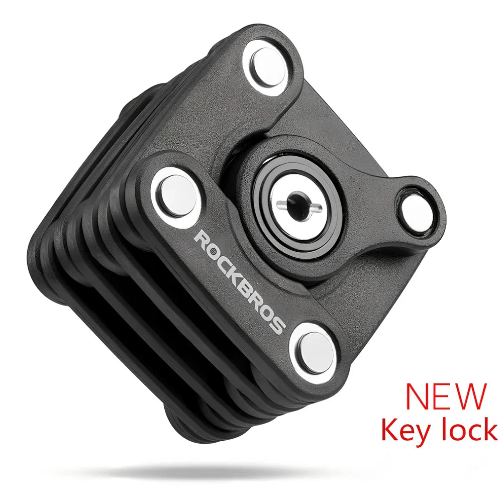 Black folding bicycle anti-theft chain lock, 585mm length with zinc alloy body and 3mm steel joints for secure bike protection