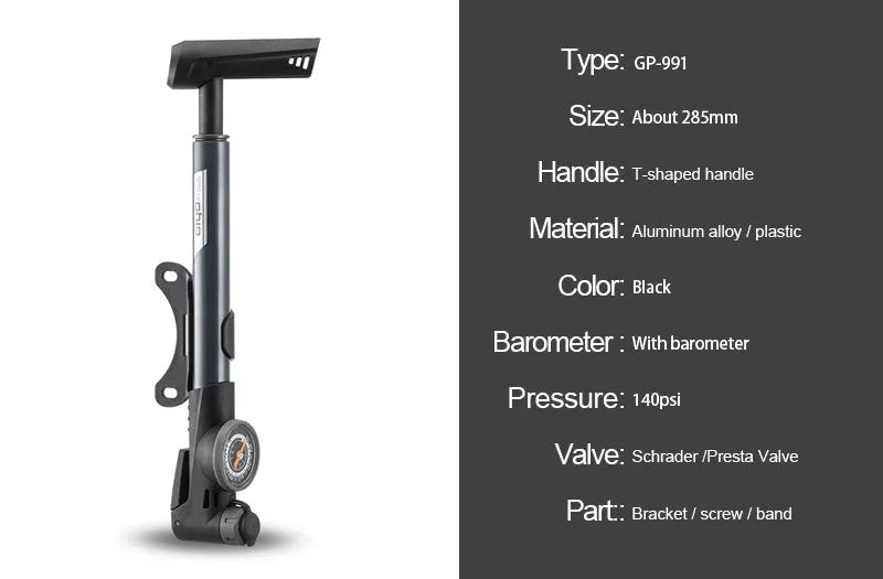 High-pressure bicycle pump with ergonomic handle and anti-skid base for stable, efficient tire inflation