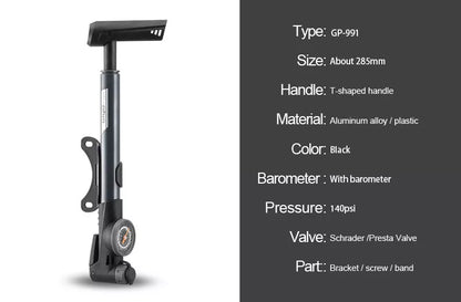 High-pressure bicycle pump with ergonomic handle and anti-skid base for stable, efficient tire inflation