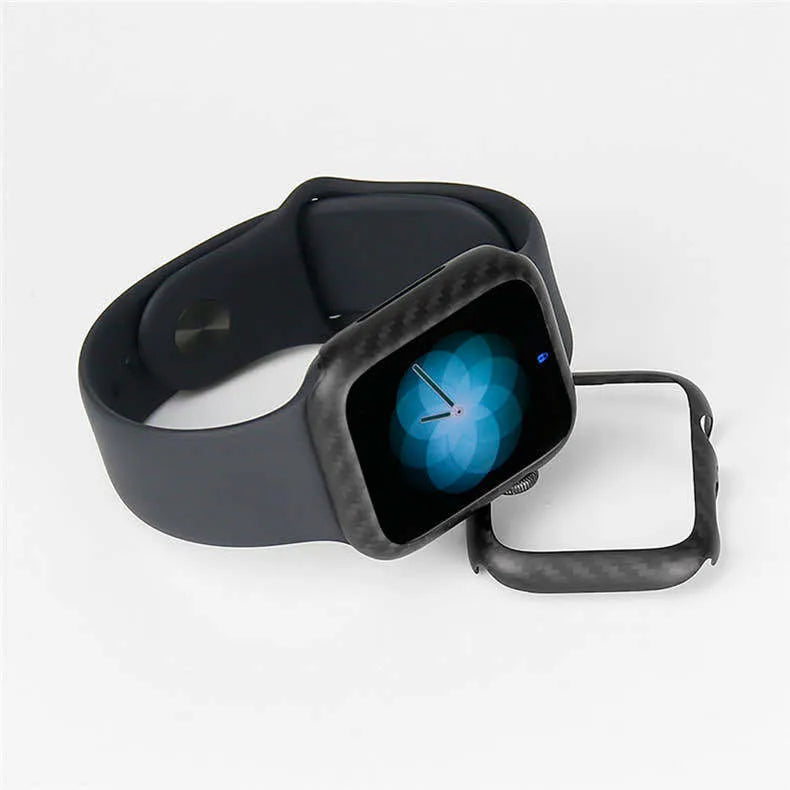 Apple Watch Series 4 in a black carbon fibre and leather half wrap protective case, showing the slim 44mm profile.