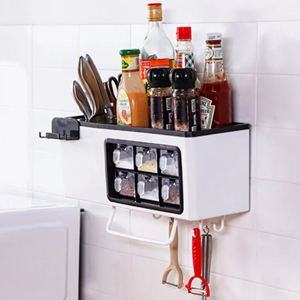 White wall-mounted plastic storage jar with pull-out transparent drawers for seasonings and kitchen utensils, dimensions 43.5cm x 16.7cm x 15.7cm