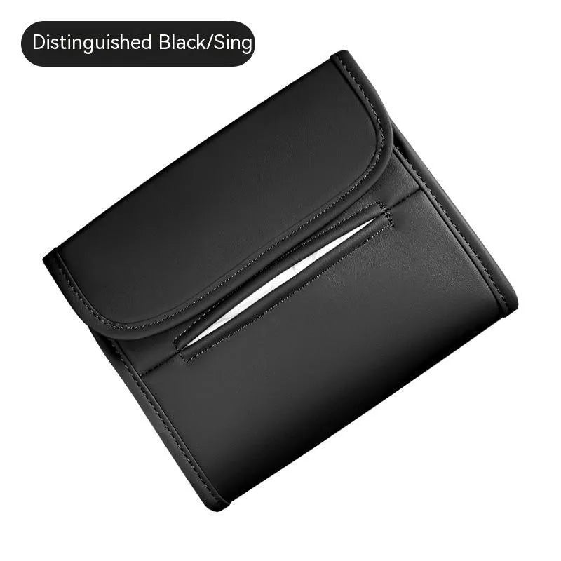 Leather car tissue box holder mounted on vehicle sun visor with elastic band installation