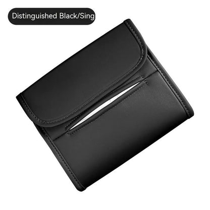 Leather car tissue box holder mounted on vehicle sun visor with elastic band installation