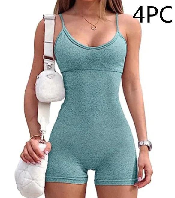 Stylish spaghetti strap jumpsuit in various vibrant colors, perfect for yoga, workouts, and everyday wear.