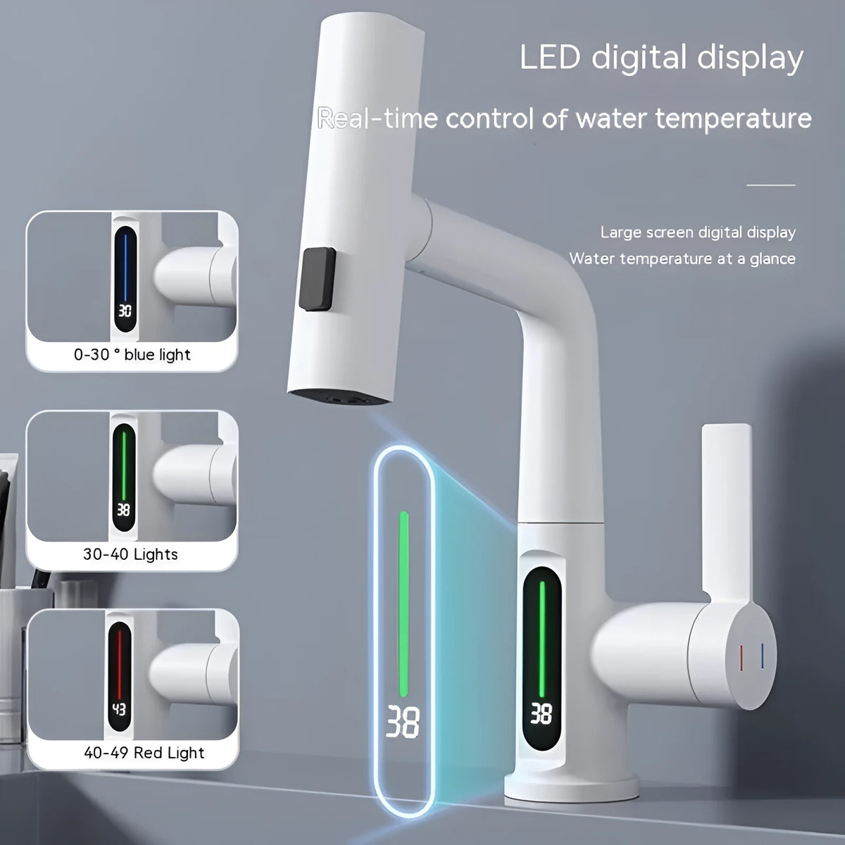 Modern digital display kitchen tap with pull-out spray hose showing LED temperature screen.