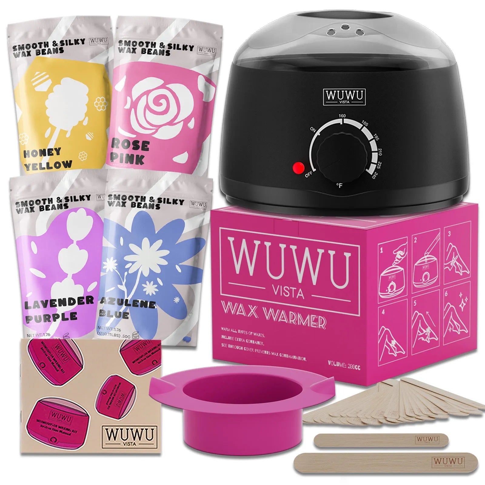 27-piece hypoallergenic wax kit with lavender, pink, blue, and yellow wax beads, wax machine, and sticks