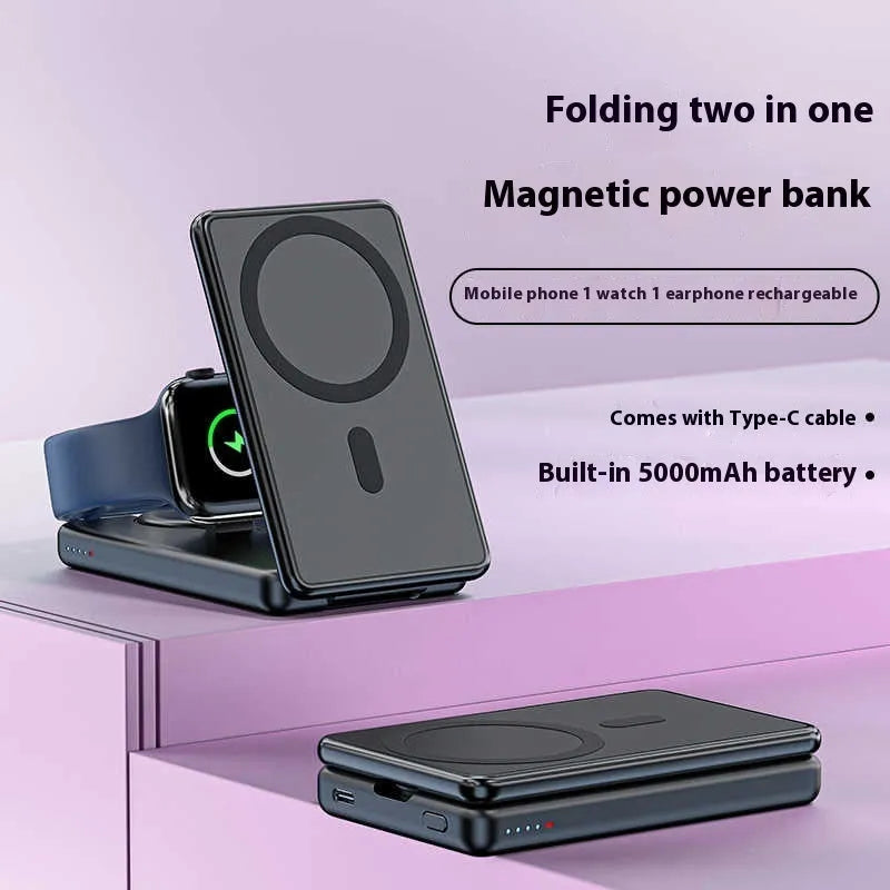 Ultra-thin black magnetic wireless power bank 5000mAh with built-in bracket and data cable, 113x70x18mm