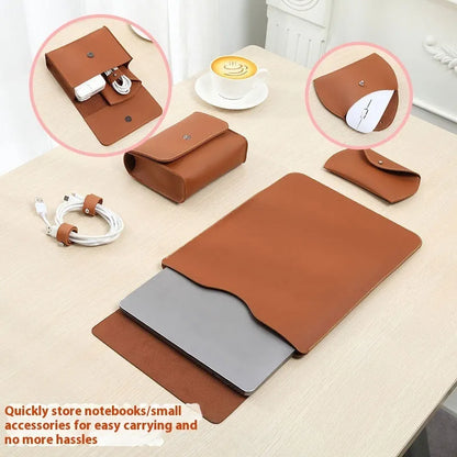 Four-piece set of imitation leather laptop edge protective covers in brown, grey, apricot, and light pink colours