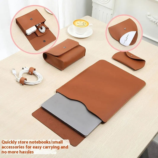 Four-piece set of imitation leather laptop edge protective covers in brown, grey, apricot, and light pink colours