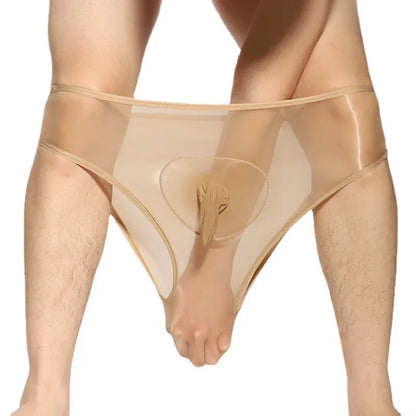 Men's shiny transparent nylon briefs with bullet separation design in multiple colours