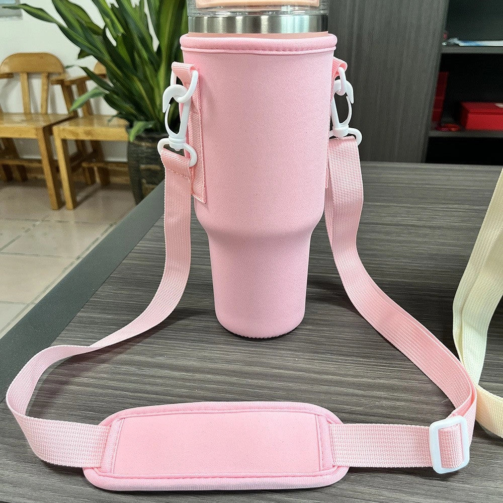 Portable insulated beverage cup cover made of durable cloth material in black, pink, and apricot colors for outdoor use