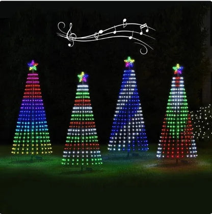 Multi-colour LED animated outdoor Christmas tree lights showing garden installation with 1.5m and 2m size options