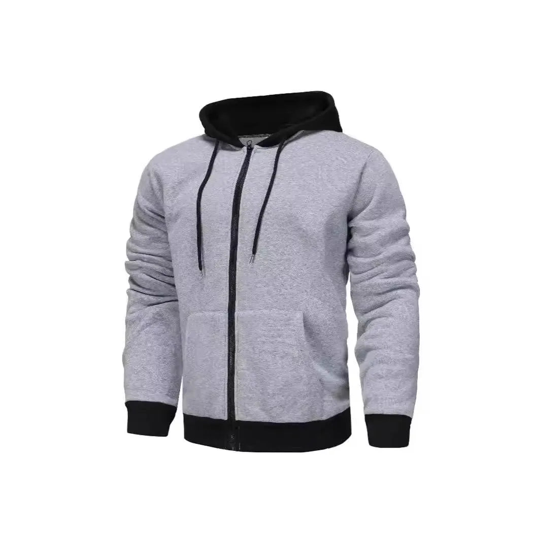 Men's black zip-up hoodie cardigan with a fleece lining, shown with the hood up.