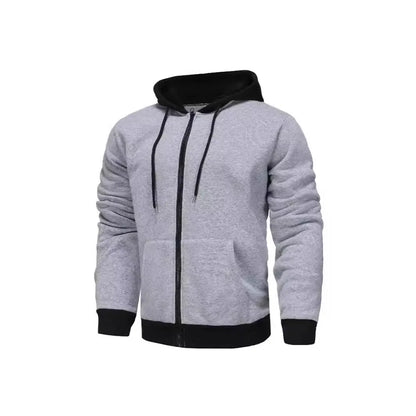 Men's black zip-up hoodie cardigan with a fleece lining, shown with the hood up.