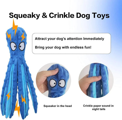 Blue octopus plush dog toy with tentacles, unfilled design with crinkle paper and squeaker sounds