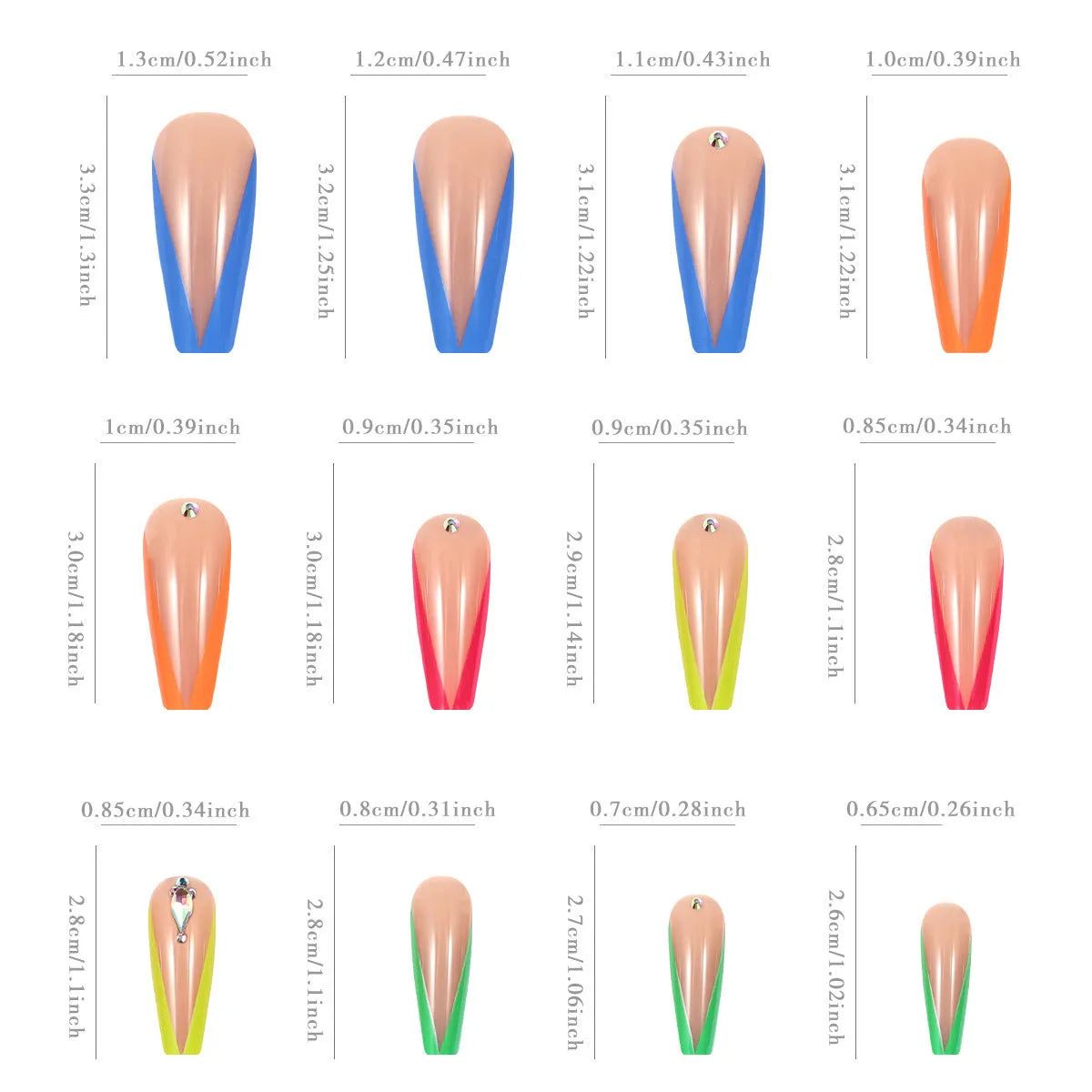 BKS3037 colour detachable nail tips with diamond French design and cartoon heart patterns.