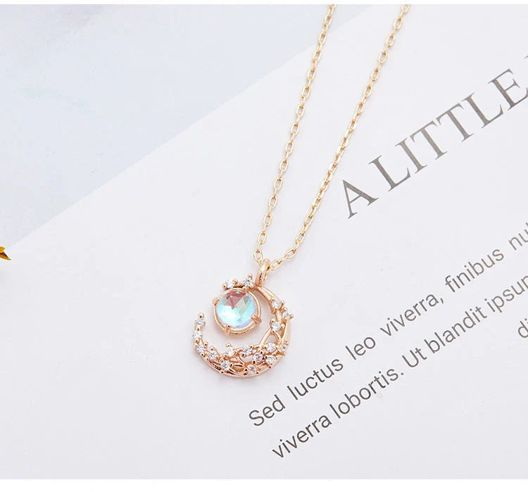 Ladies Moon Necklace with diamond-processed alloy pendant and adjustable chain