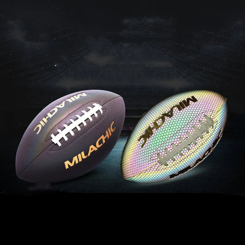 Luminous Rugby Reflective Soccer Ball glowing under light