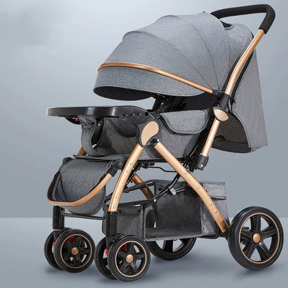 Baby stroller with reversible seat in sky blue colour showing folded and unfolded configurations