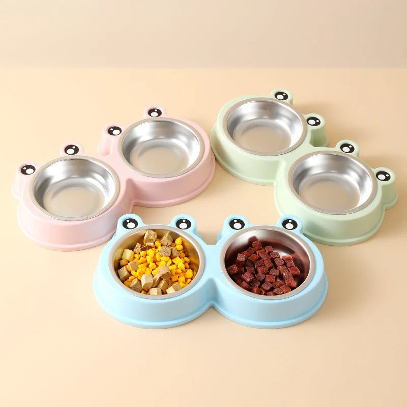 Stainless steel double pet bowl set with frog dish in blue, green, or pink.