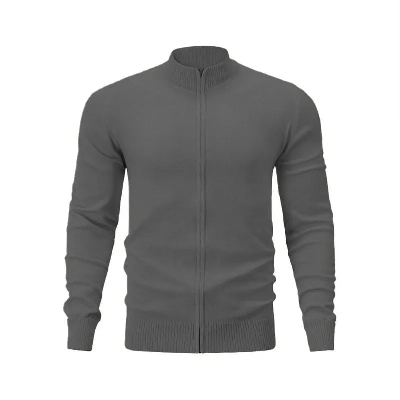 Casual zip-front cotton sweater with a stand collar shown in a solid colour.