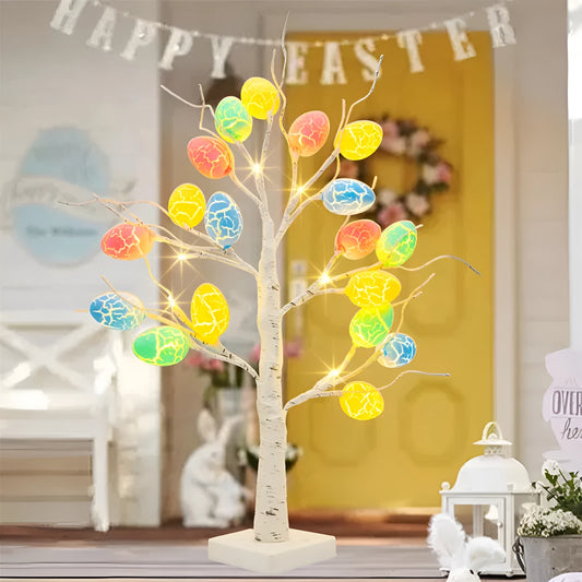 White birch-style LED Easter tree with warm white lights and cracked egg decorations on adjustable branches