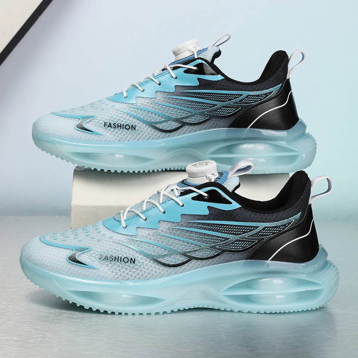 Casual breathable running shoes in sky blue colour with round toe and lace-up front.