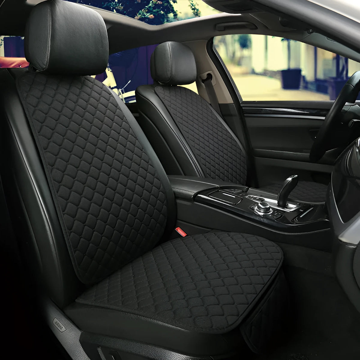 Flax linen car seat cover protector in beige, black, red and brown, with cushion and five-seat style options.