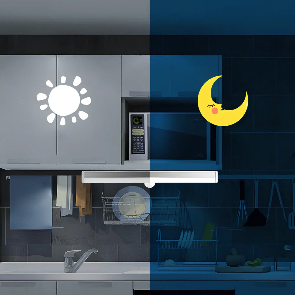 LED strip light with motion sensor in black finish, 30cm length with warm white illumination