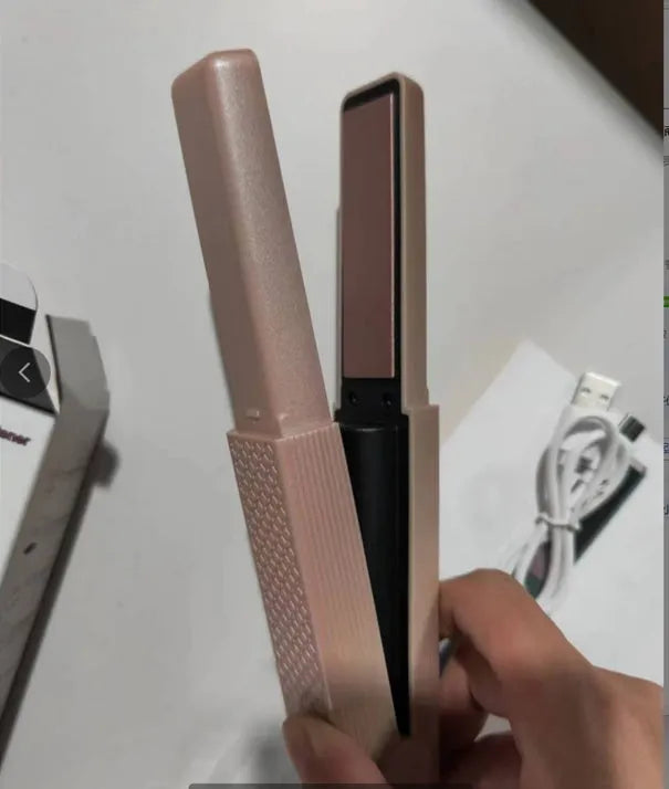 Pink and green cordless USB rechargeable mini hair straightener and curler with ceramic plates