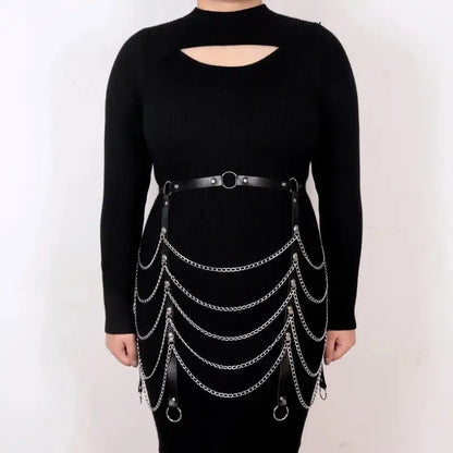 Black PU leather bandage-style waist chain clothing ornament for women