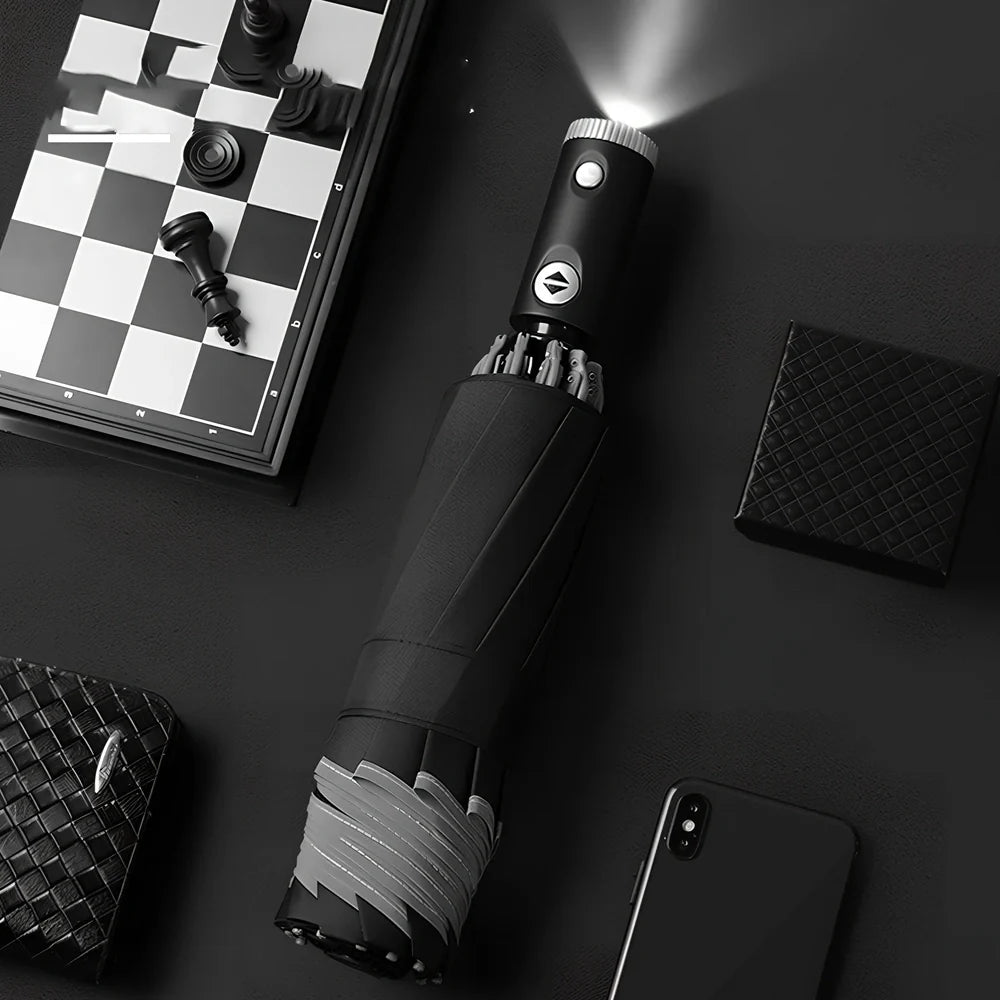 Automatic reverse umbrella showing open 105cm canopy and compact 30cm folded size