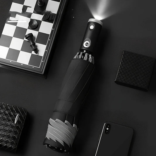 Automatic reverse umbrella showing open 105cm canopy and compact 30cm folded size