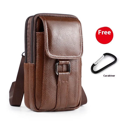 Men's black genuine leather waist bag with lock, coin pocket, and crossbody strap for daily urban use