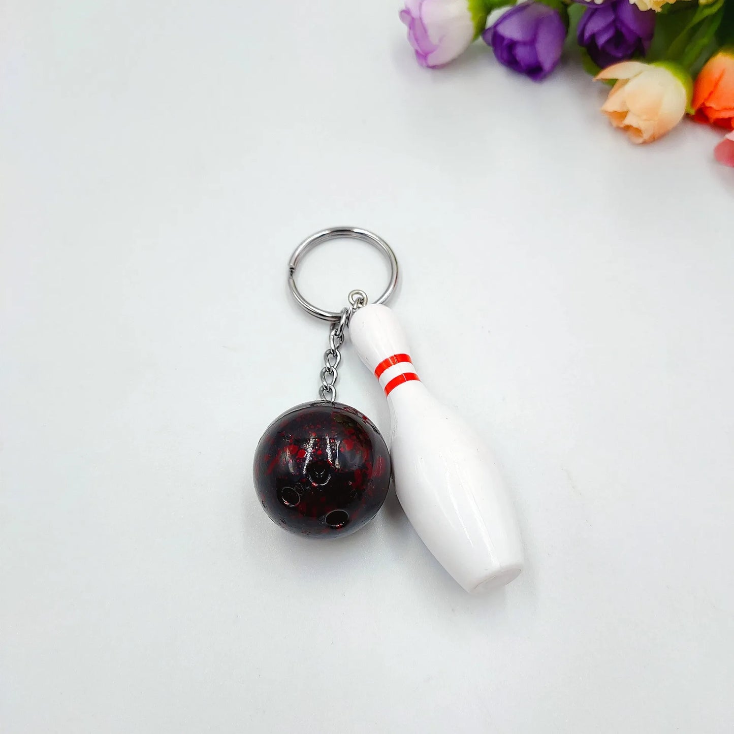 Mini simulation sports bowling pin keychain pendant in blue PVC metal