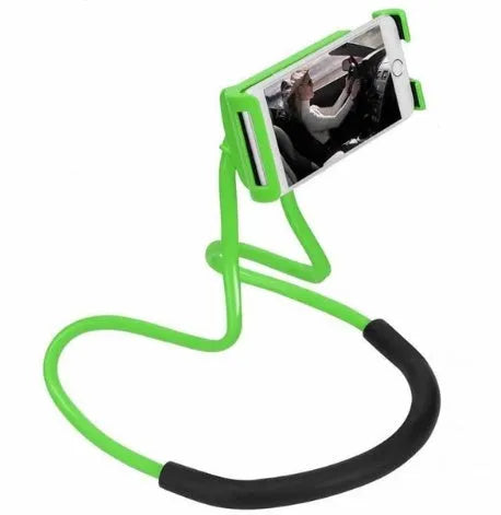Neck phone holder with 360-degree rotating clamp in multiple colours, holding a smartphone
